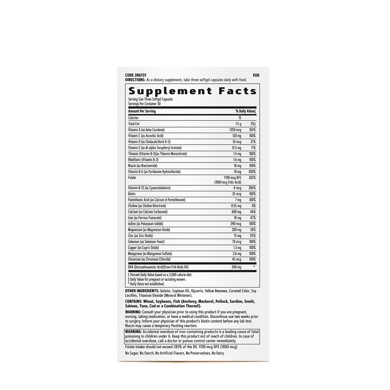 Multivitamin Prenatal Formula with DHA & Iron - 90 Softgels (30 Servings)