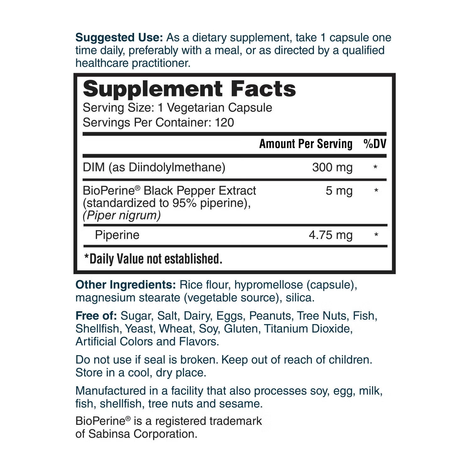 DIM 300mg with BioPerine - 120 Vegetarian Capsules (120 Servings) 3 DIM 300mg with BioPerine - 120 Vegetarian Capsules (120 Servings)