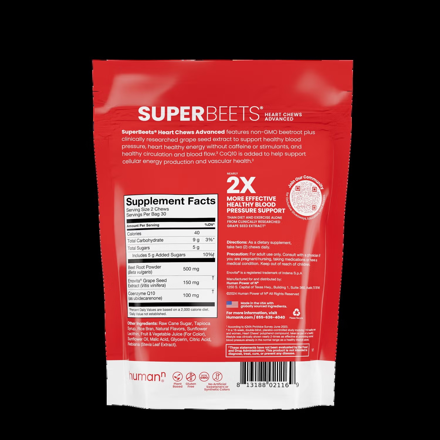 SuperBeets Advanced Heart Chews Blood Pressure Support - Acai Berry - 60 Chews (30 Servings)
