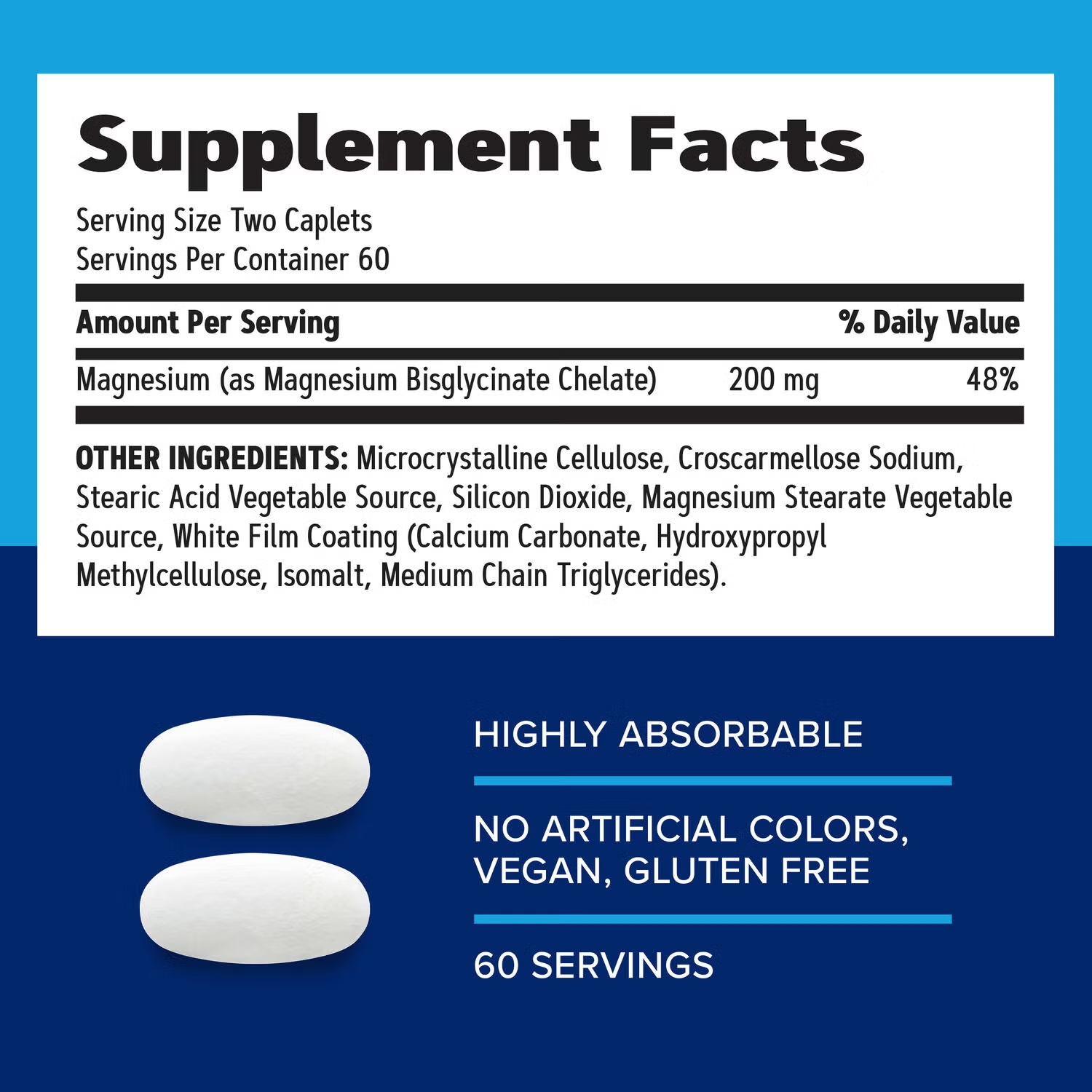 Magnesium Glycinate 200mg - 120 Caplets (60 Servings)